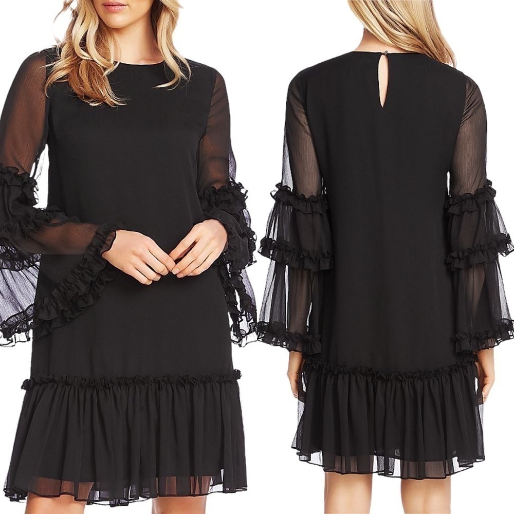 CeCe Ruffle Chiffon Shift Dress in Rich Black Small NWT NEW